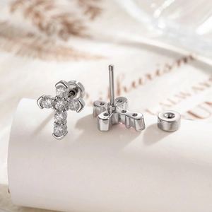Silver cross stud earrings with micro-set zircon and screw back for cartilage piercing