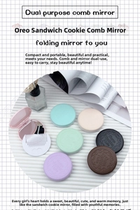 Detail of creative chocolate cookie-shaped folding hair comb and makeup mirror set