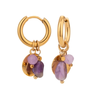 Boucles d'oreilles créoles dorées en acier avec perles en pierre naturelle mauve et rose