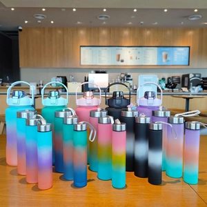 Gradient Frosted Sports Water Bottles With Motivational Time Markers And Straws Portable Handle Leakproof Plastic Drinkware