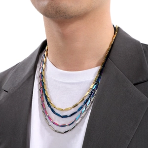 Hip-hop style geometric rhodium chain necklace set in gold, blue, purple, and silver steel