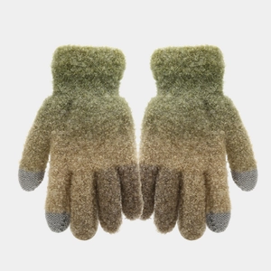 Detail showing gradient knit gloves with touch screen fingertips and faux fur texture