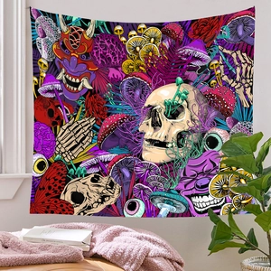 Detail of psychedelic cyberpunk tapestry featuring skull and mushroom on bedroom wall