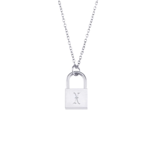 Silver stainless steel lock necklace featuring a delicate chain and engraved letter X charm