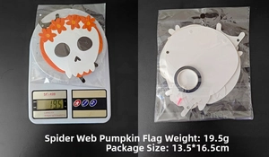 Weight and packaging detail for Happy Halloween banner with pumpkin and skull elements