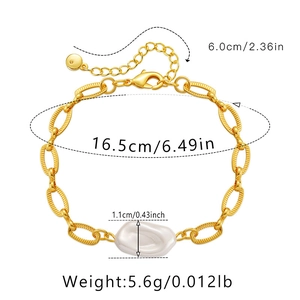 Detailed size chart for 18K gold-plated paperclip chain bracelet with baroque pearl