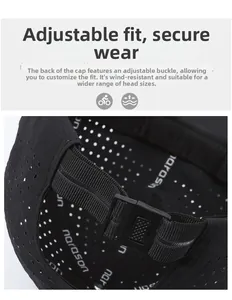 Detail of adjustable elastic buckle and breathable mesh fabric on black quick-dry sport cap
