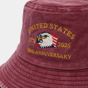 Detail of premium embroidery on the vintage burgundy washed cotton bucket hat