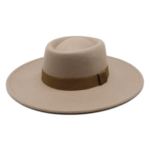 Classic beige wool felt fedora with flat top and dark brown grosgrain ribbon band