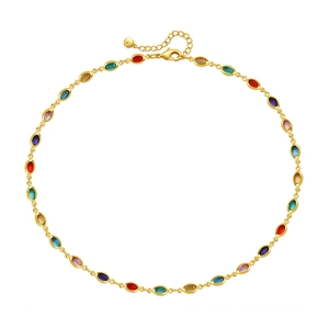 Collier moderne plaqué or 18 carats avec pierres ovales colorées sur chaîne tressée