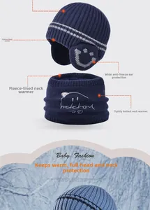 Close-up of kids winter knit hat with fleece lining and ear protection in navy blue