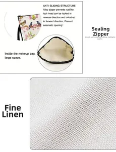 Detail view of bird floral makeup bag featuring fine linen texture and alloy locking zipper