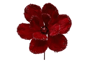 Detail of dark red velvet Christmas flower with sparkling glitter edges and texture