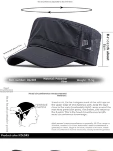 Size chart showing adjustable mesh military flat top cap measurements and fitting guide