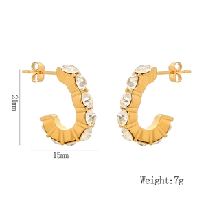 Polished 21mm gold C-shaped earrings with inlaid crystals and stud backings