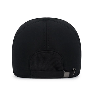 Rear view of black winter baseball cap with adjustable metal buckle and ear protection