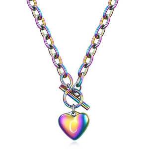 Rainbow plated stainless steel heart necklace with letter C pendant and OT toggle clasp