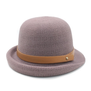 Women's knitted cloche hat in grey-purple with leather strap and golden buckle accent
