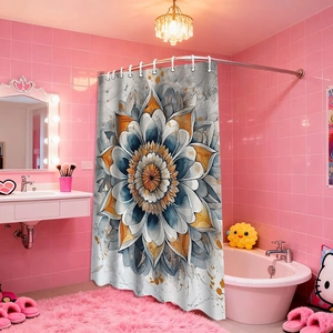 Watercolour mandala shower curtain in blue and yellow for modern bathroom decor