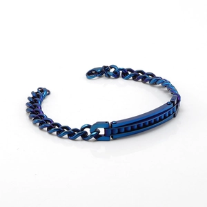 Detail of blue PVD coated stainless steel Cuban link bracelet with rectangle bead plate