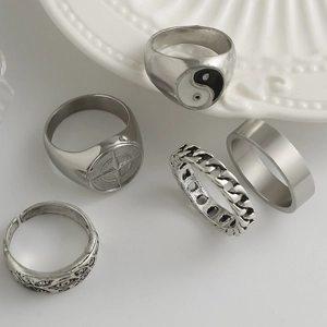 5-piece men's silver alloy ring set featuring Tai Chi and starburst hip-hop designs