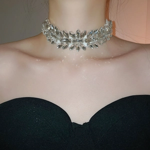 Detailed close-up of a silver-tone floral crystal choker necklace on a female model