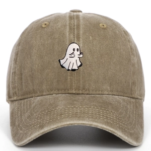 Close-up of ghost embroidery detail on khaki washed cotton vintage baseball cap