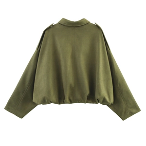 Rear view detail of olive green bomber jacket featuring shoulder straps and elastic hem