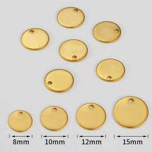 Polished gold stainless steel round charms in 8mm, 10mm, 12mm, and 15mm sizes