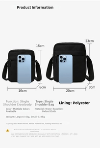 Detailed size chart for vertical Oxford fabric crossbody bag showing small and large options
