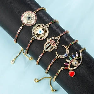 Adjustable Gold Plated Copper Evil Eye Bracelet For Women Multicolor Zircon Hamsa Hand Moon Heart Charm Slider Bracelet