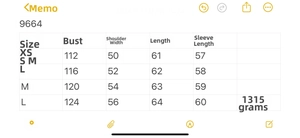 Detailed size chart for vintage faux fur jacket with bust and sleeve measurements