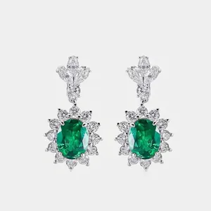 925 Sterling Silver Lab-Created Emerald Drop Earrings For Women Vintage Sunflower Oval Zirconia Inlaid Jewelry Accessory