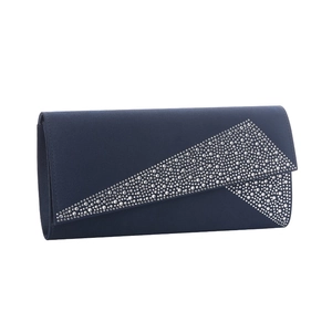 Navy blue evening clutch bag with sparkling rhinestone geometric patterns and satin finish