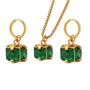 Titanium Steel Green Zircon Pendant Necklace And Earrings Square Emerald Cut 18K Gold Plated Elegant Vintage Jewelry Women