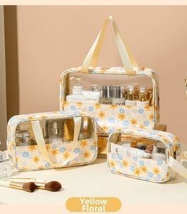 Detailed set of three yellow floral PVC toiletry bags in large, medium and small sizes