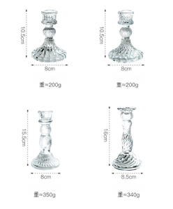 Detailed size chart showing heights and diameters for clear glass crystal candle holders