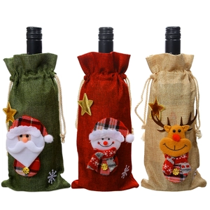 Linen Christmas wine bottle covers featuring Santa, Snowman and Reindeer 3D designs