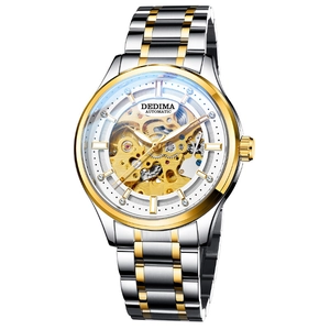 Montre automatique pour homme en acier inoxydable bicolore avec cadran squelette et engrenages