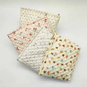 Korean style quilted cotton makeup bags with floral and cherry patterns and zipper closure
