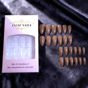 24pcs glossy dark brown almond false nails set with pink packaging box on black silk