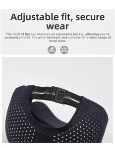 Detail of adjustable elastic strap and plastic buckle on breathable mesh sports cap