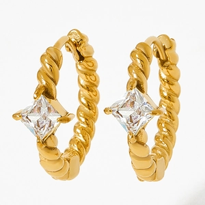 Classic french twisted gold hoop earrings with square cubic zirconia emerald cut style