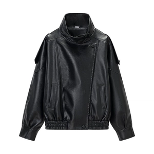 Veste de motard femme en similicuir noir coupe décontractée avec col montant et ourlet élastique