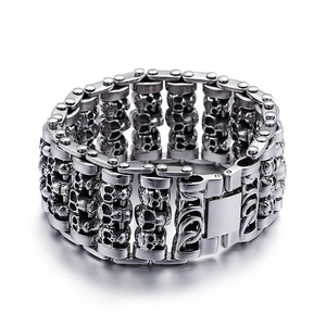 Men's punk titanium steel skull bracelet with vintage silver finish on white background