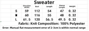 Detailed size chart for turtleneck knitted sweater with measurements for S, M, and L sizes