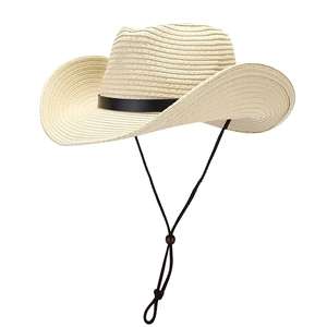 Classic straw western cowboy hat in beige with black leather band and adjustable chin strap