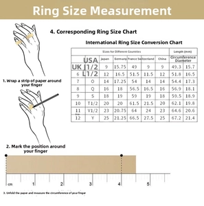 Detailed international ring size chart with measuring guide and multi-country sizing
