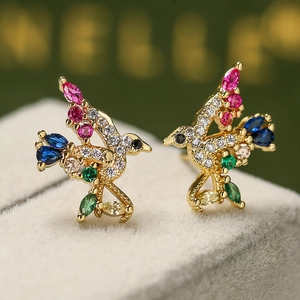 Exquisite gold-plated bird stud earrings with colorful zircon stones in a nature-inspired design