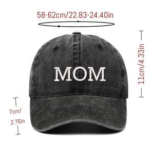 Detailed size specifications for washed cotton MOM embroidery baseball cap in dark grey